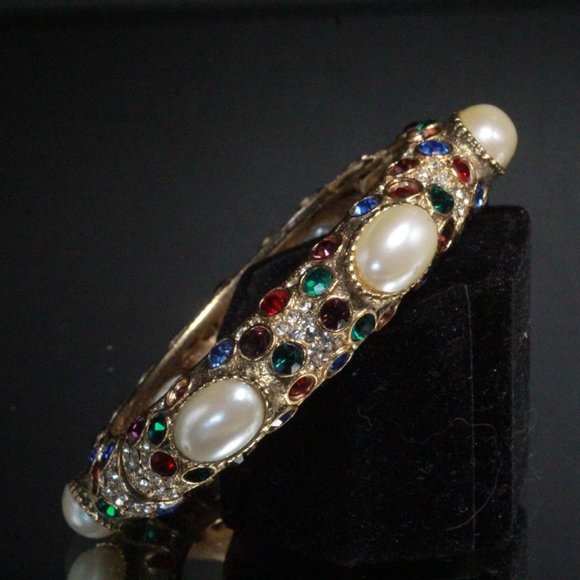 Sphinx Unsigned Runway Couture Multicolor Faux Pearl Pave´ Rhinestones Bangle - Picture 6 of 11